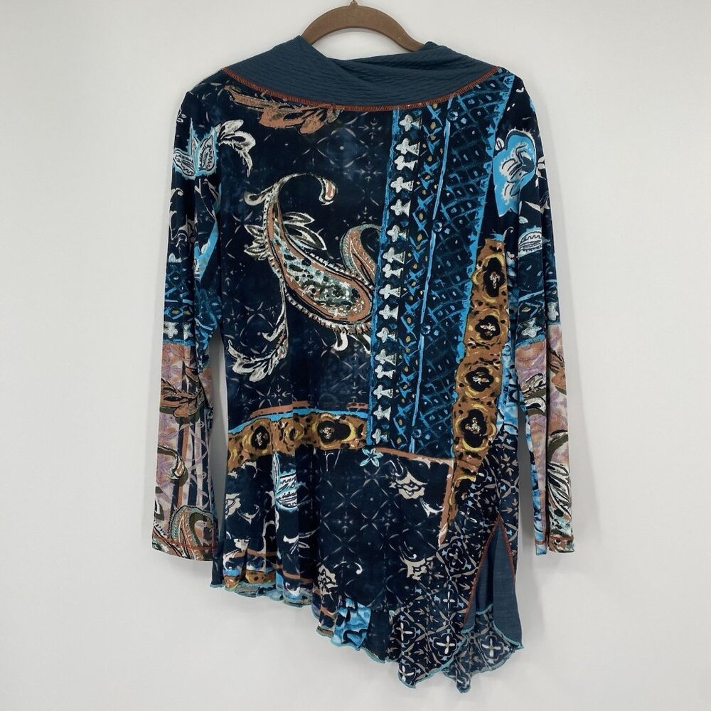 Orientique Naturally Small Patchwork Top Long Sleeve Asymmetric Hem Shawl Neck - Picture 12 of 14